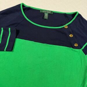 Lauren Ralph Lauren Womens XL Colorblock T Shirt Green Navy Gold Button
